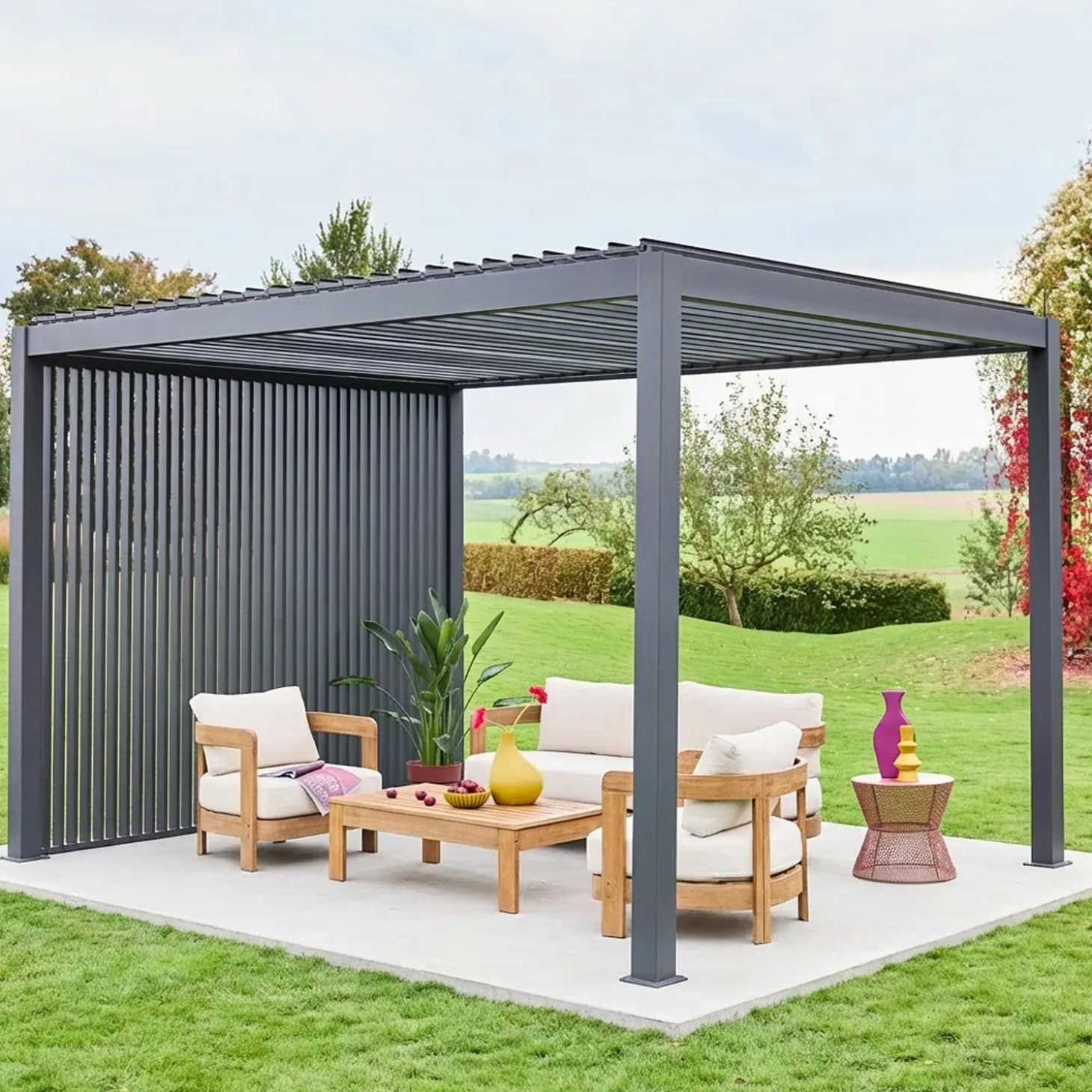 Pérgola bioclimática de aluminio 3x4m + 3 persianas verticales 1m