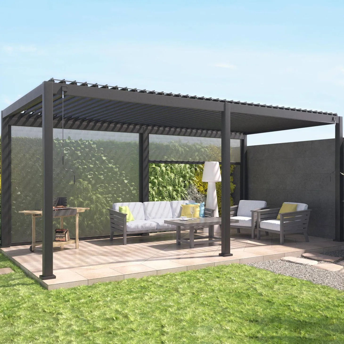 Pérgola bioclimática 3x6m + 2 toldos verticales de 3m