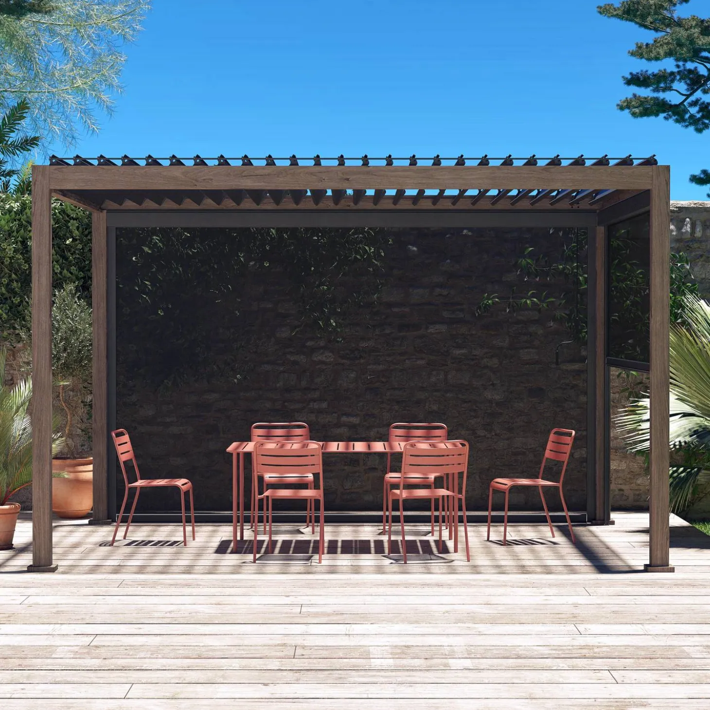 Pérgola bioclimática 3x4m con 2 toldos verticales de 3m y 4m