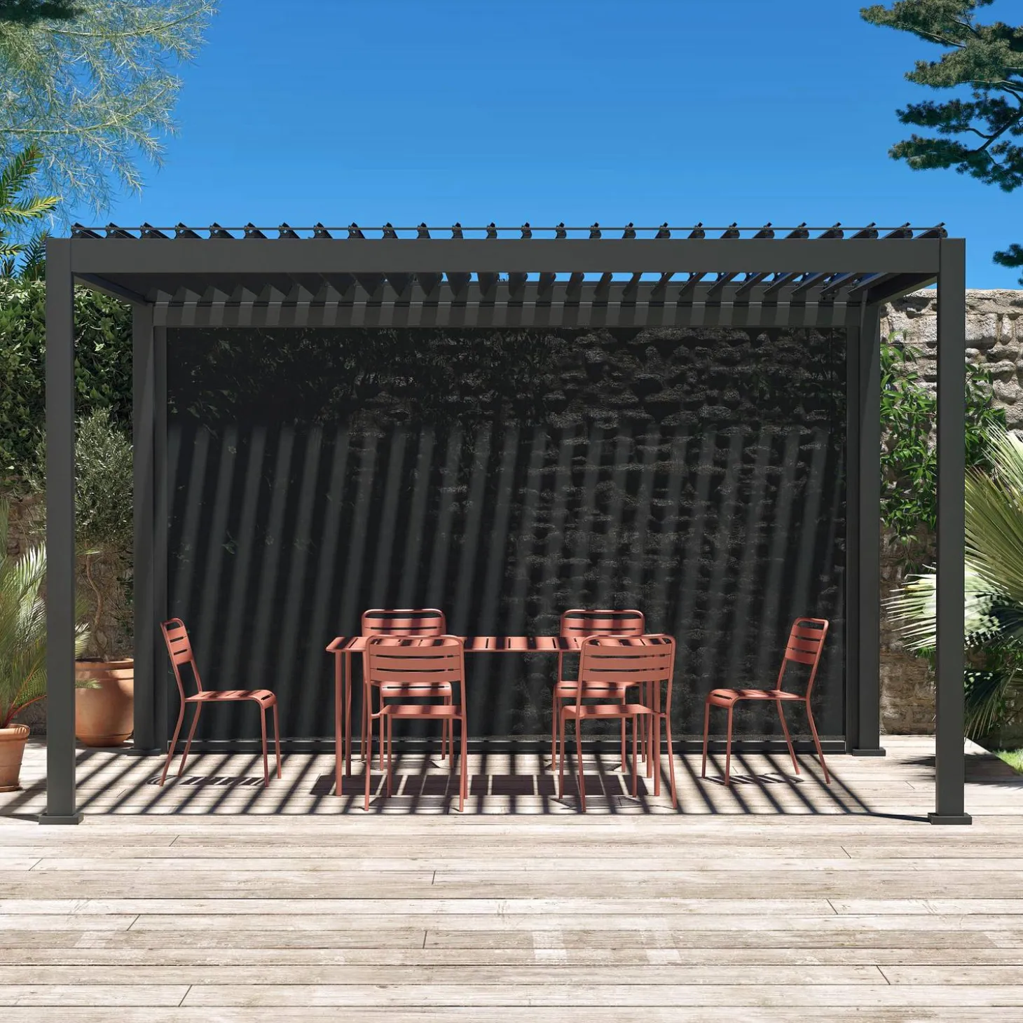 Pérgola bioclimática 3x4m con toldo vertical de 4m