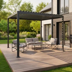 Pérgola bioclimática 3x3m de aluminio y acero con lamas orientables y pies redondeados