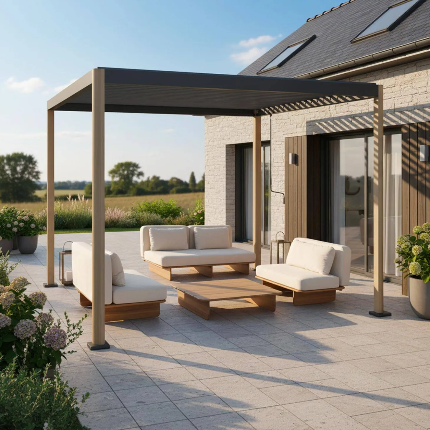Pérgola bioclimática 3x3m de aluminio y acero con lamas orientables y pies redondeados