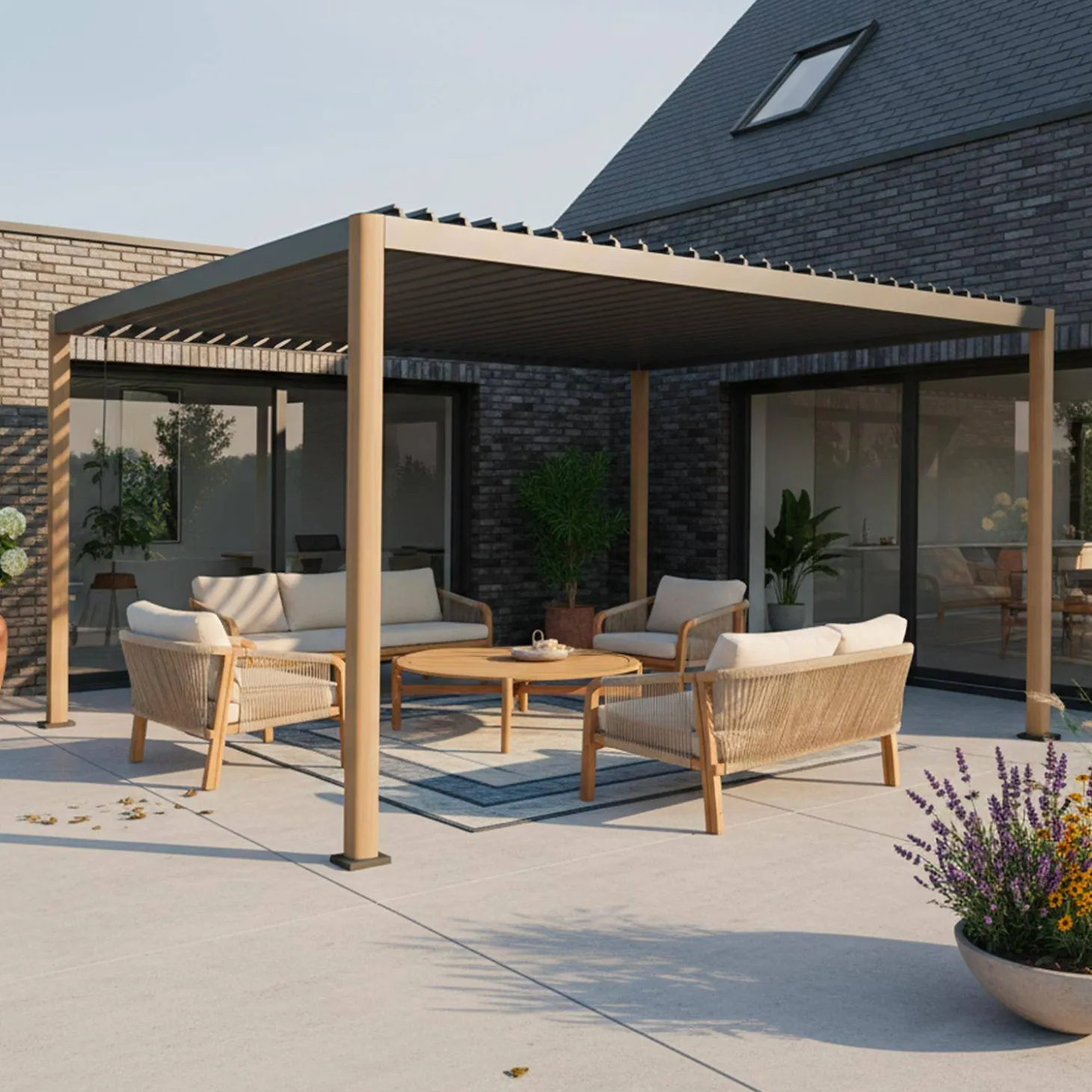 Pérgola bioclimática 3x4m de aluminio y acero con lamas orientables y pies redondeados