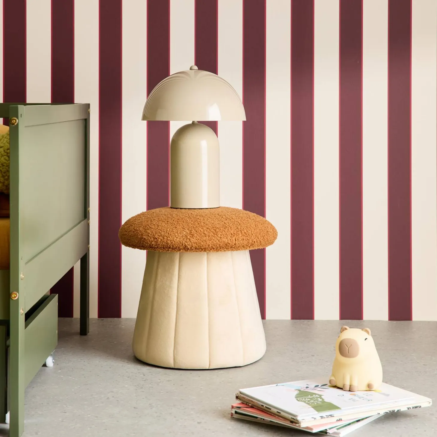 Puff champiñón infantil con almacenamiento teddy y terciopelo