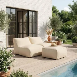Puff con reposapiés de exterior en olefina, set de 2