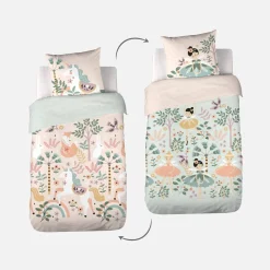 Ropa de cama de algodón reversible estampado unicornio/bailarina, 1 plaza