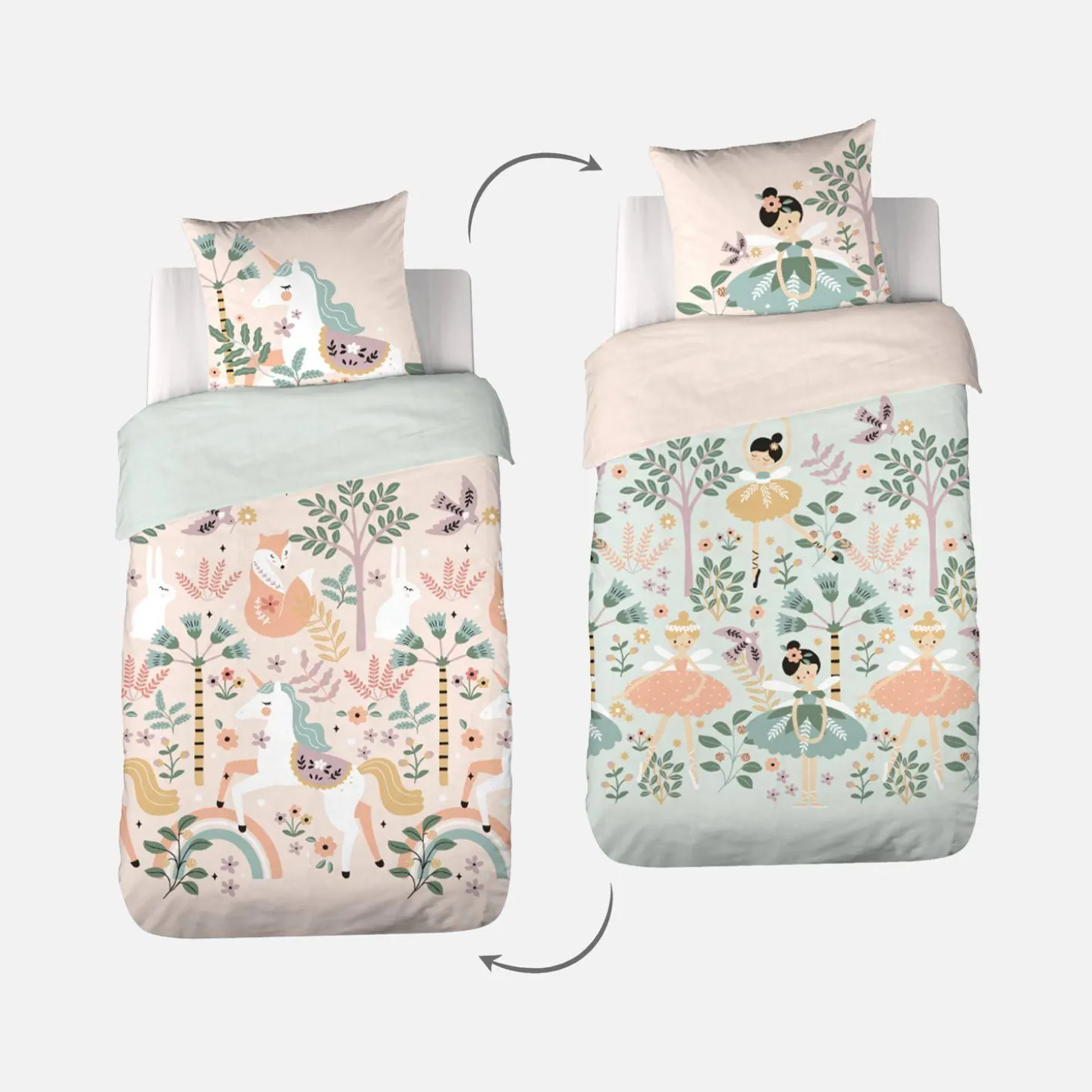 Ropa de cama de algodón reversible estampado unicornio/bailarina, 1 plaza