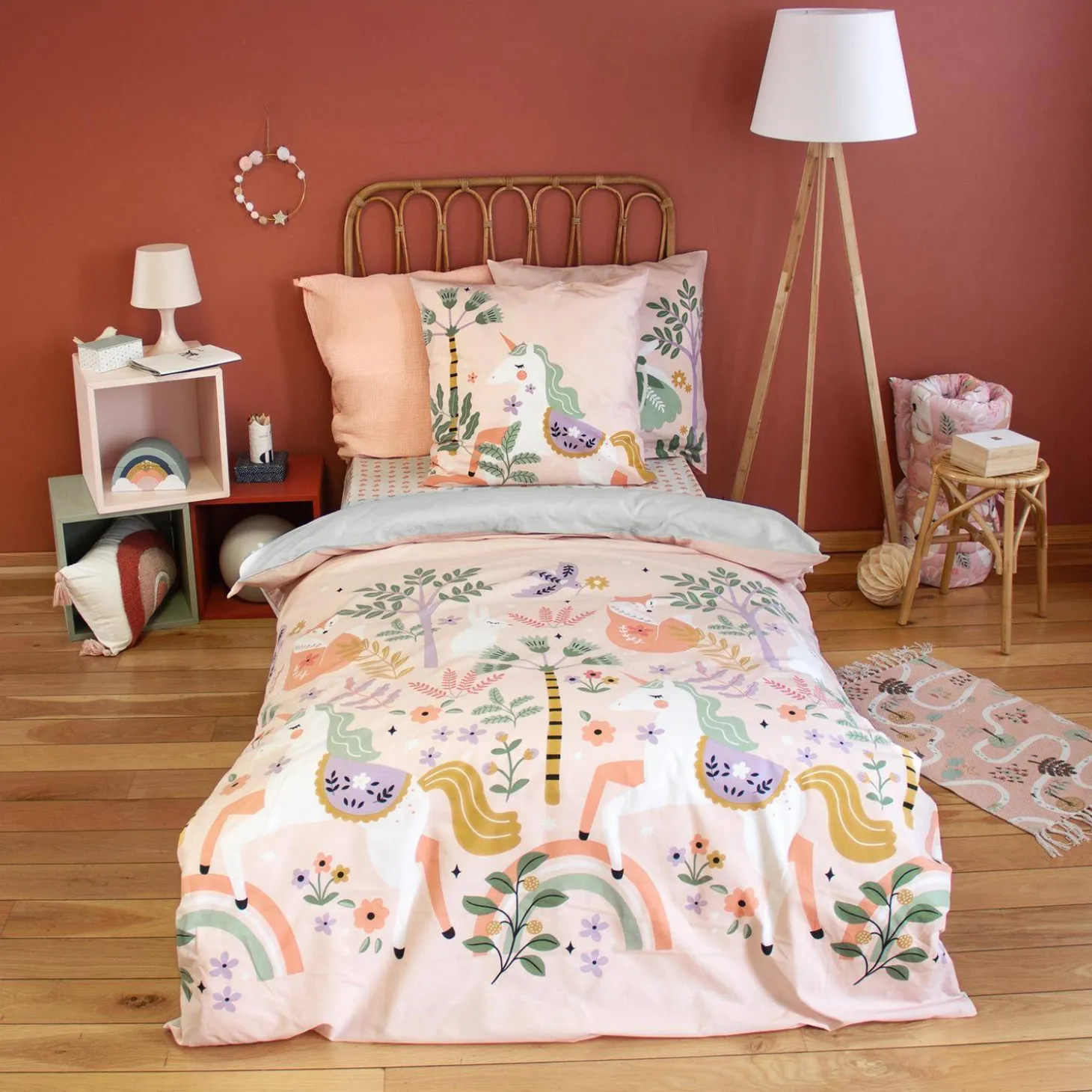 Ropa de cama de algodón reversible estampado unicornio/bailarina, 1 plaza