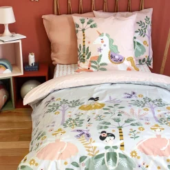 Ropa de cama de algodón reversible estampado unicornio/bailarina, 1 plaza