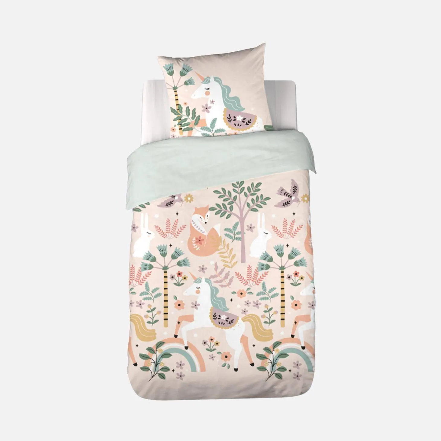 Ropa de cama de algodón reversible estampado unicornio/bailarina, 1 plaza