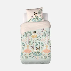 Ropa de cama de algodón reversible estampado unicornio/bailarina, 1 plaza