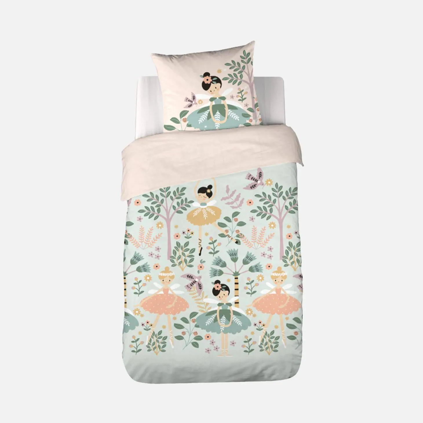 Ropa de cama de algodón reversible estampado unicornio/bailarina, 1 plaza