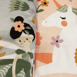 Ropa de cama de algodón reversible estampado unicornio/bailarina, 1 plaza