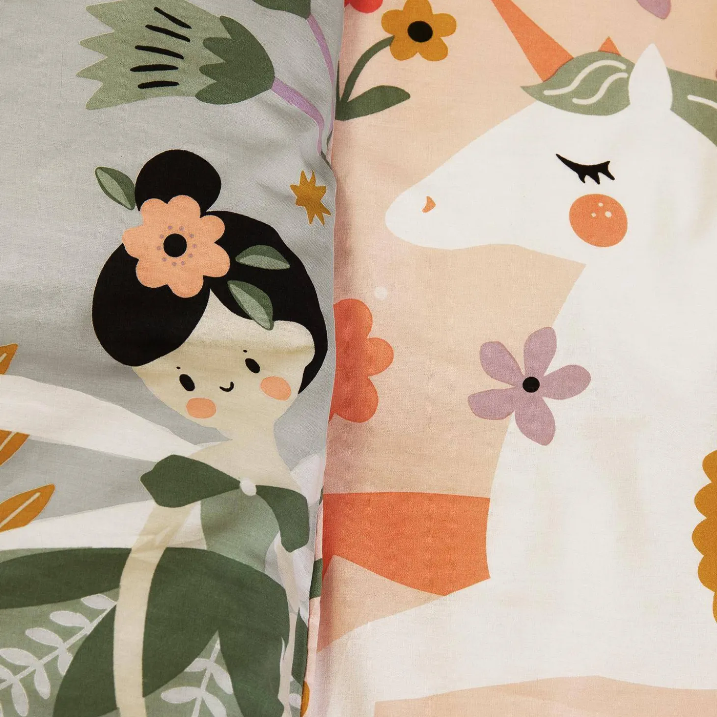 Ropa de cama de algodón reversible estampado unicornio/bailarina, 1 plaza