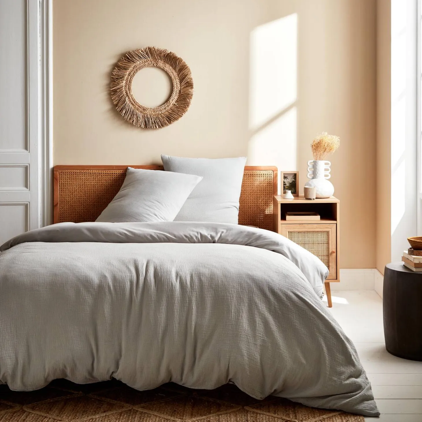 Ropa de cama de gasa de algodón gris claro, 2 plazas