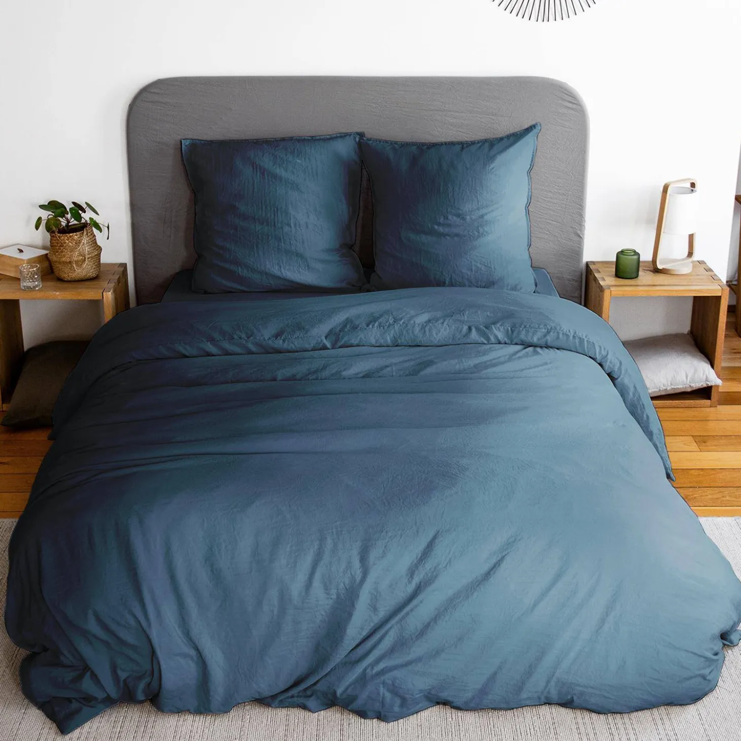 Ropa de cama de microfibra lavada color azul, 2 plazas