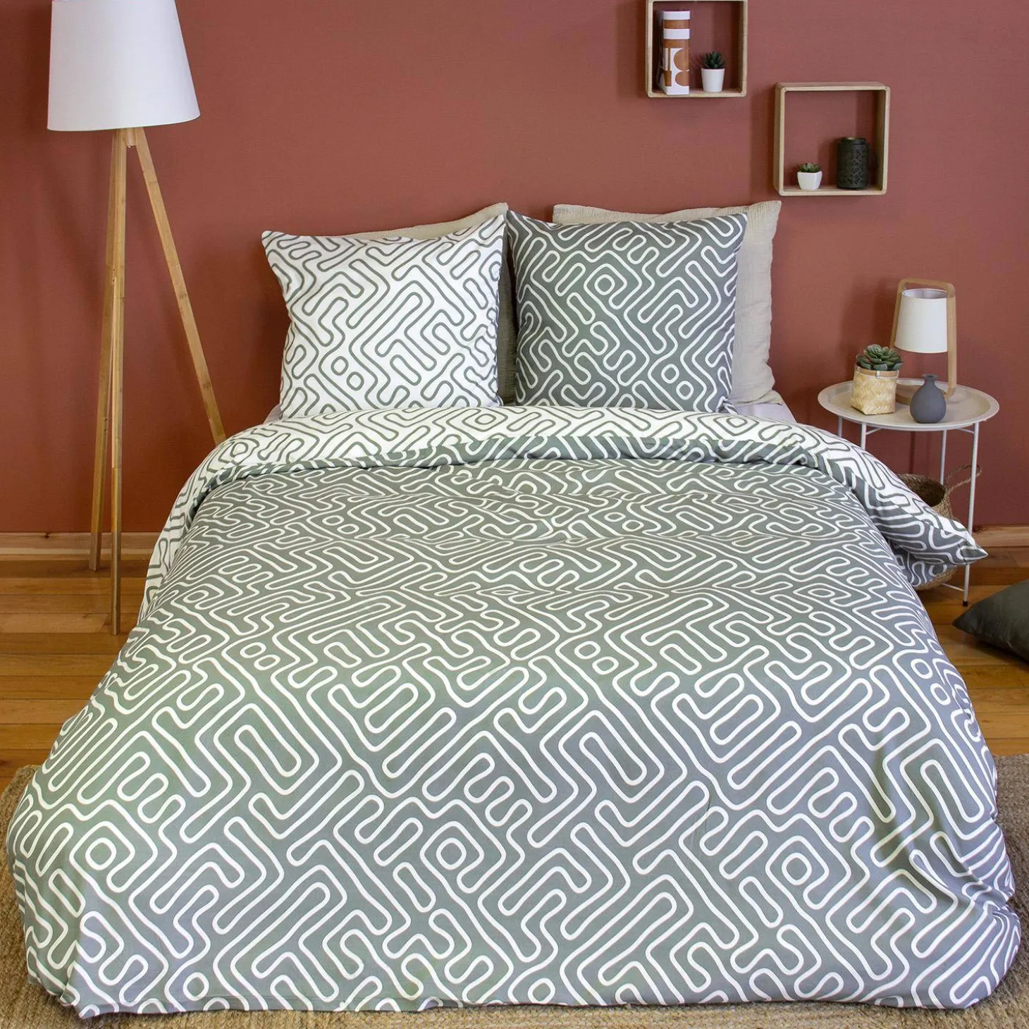 Ropa de cama de microfibra reversibles con estampado de laberinto gris, 2 plazas