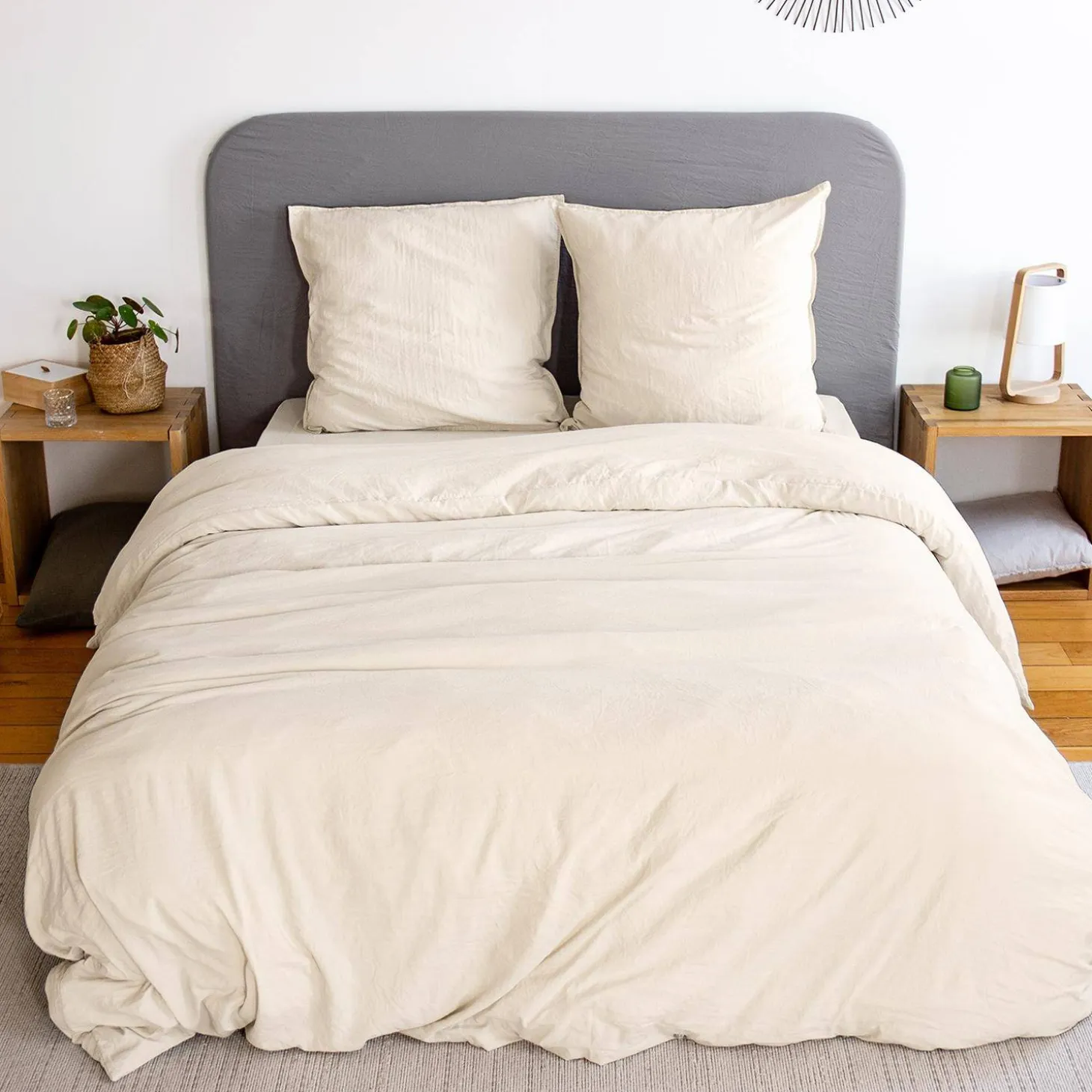 Ropa de cama de microfibra lavada color arena, 2 plazas
