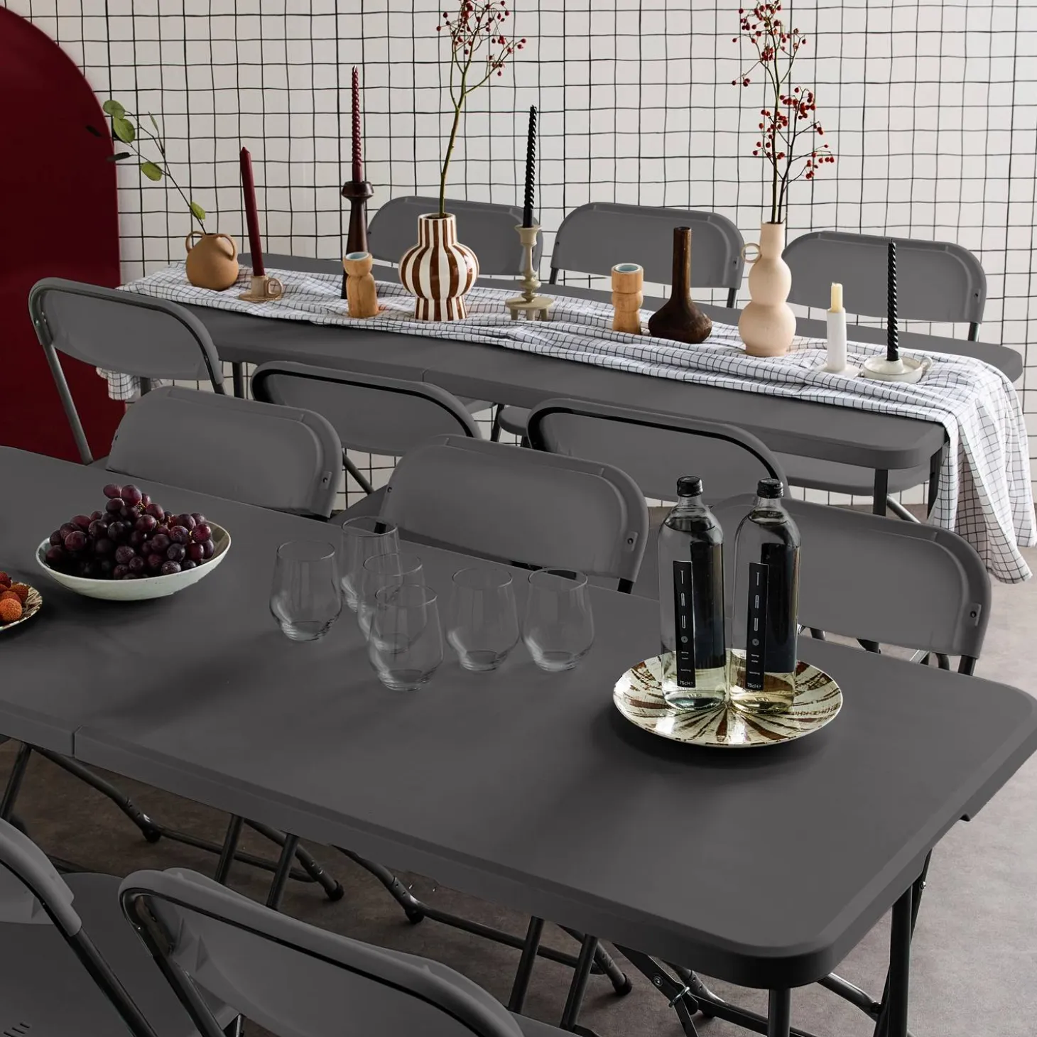 Set de 2 mesas + 12 sillas plegables portátiles para eventos