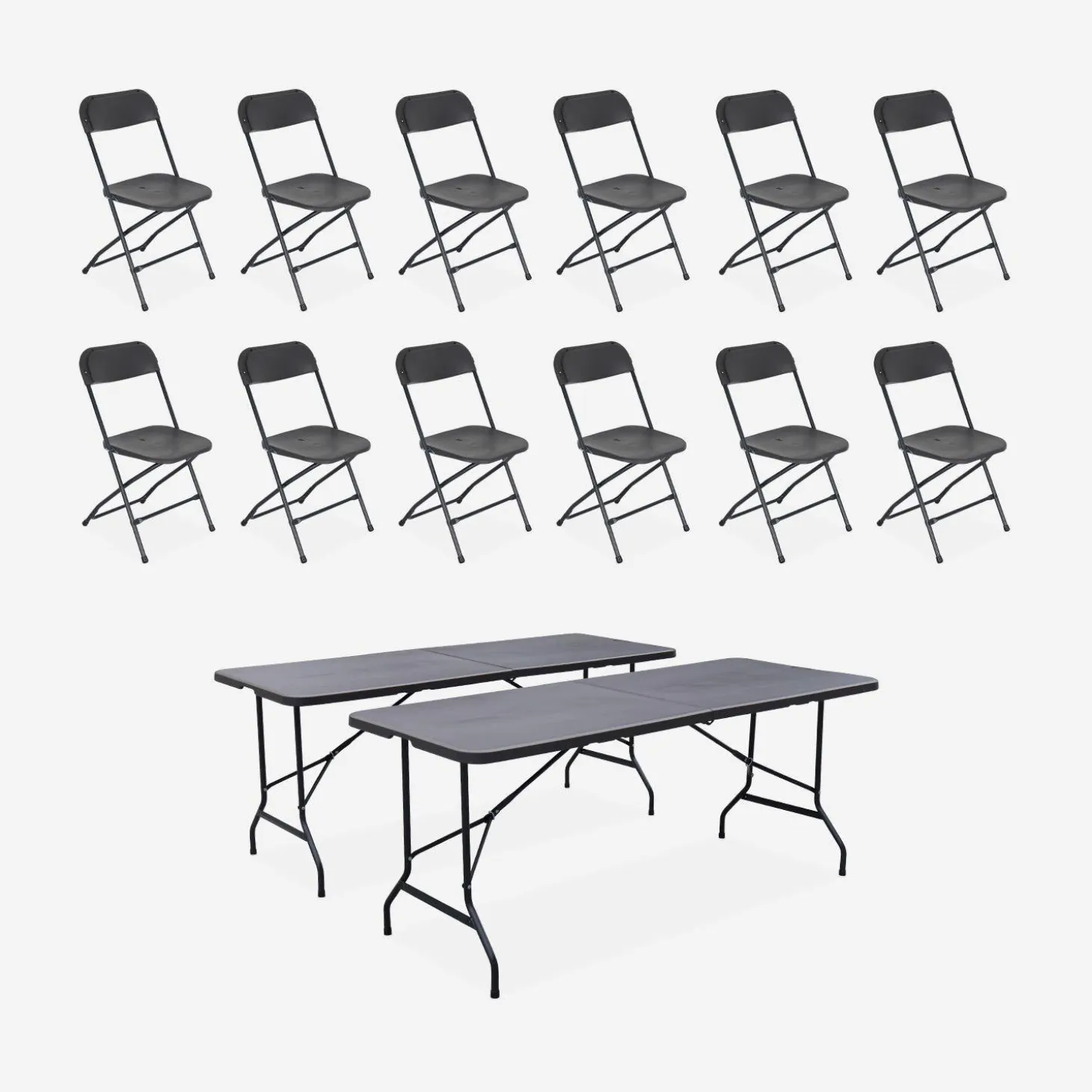 Set de 2 mesas + 12 sillas plegables portátiles para eventos