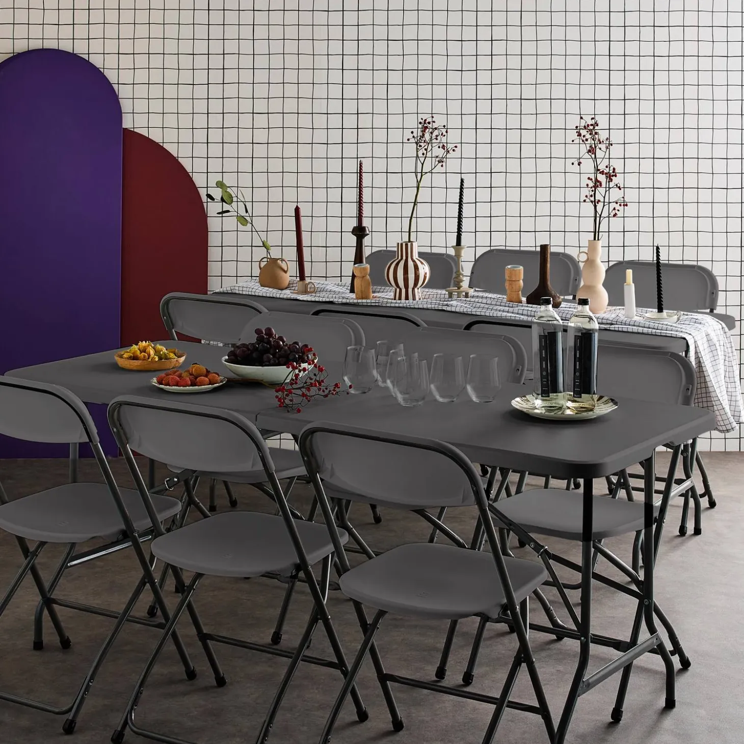 Set de 2 mesas + 12 sillas plegables portátiles para eventos