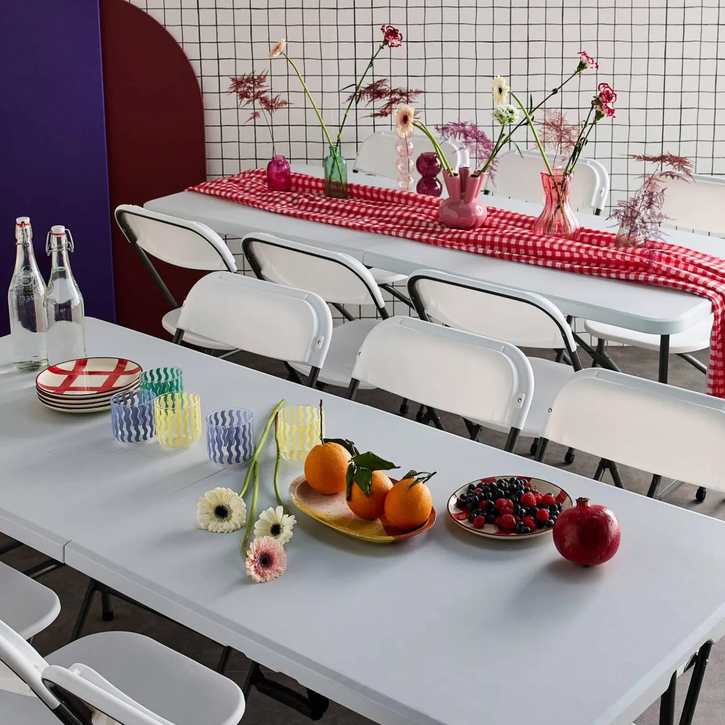 Set de 2 mesas + 12 sillas plegables portátiles para eventos