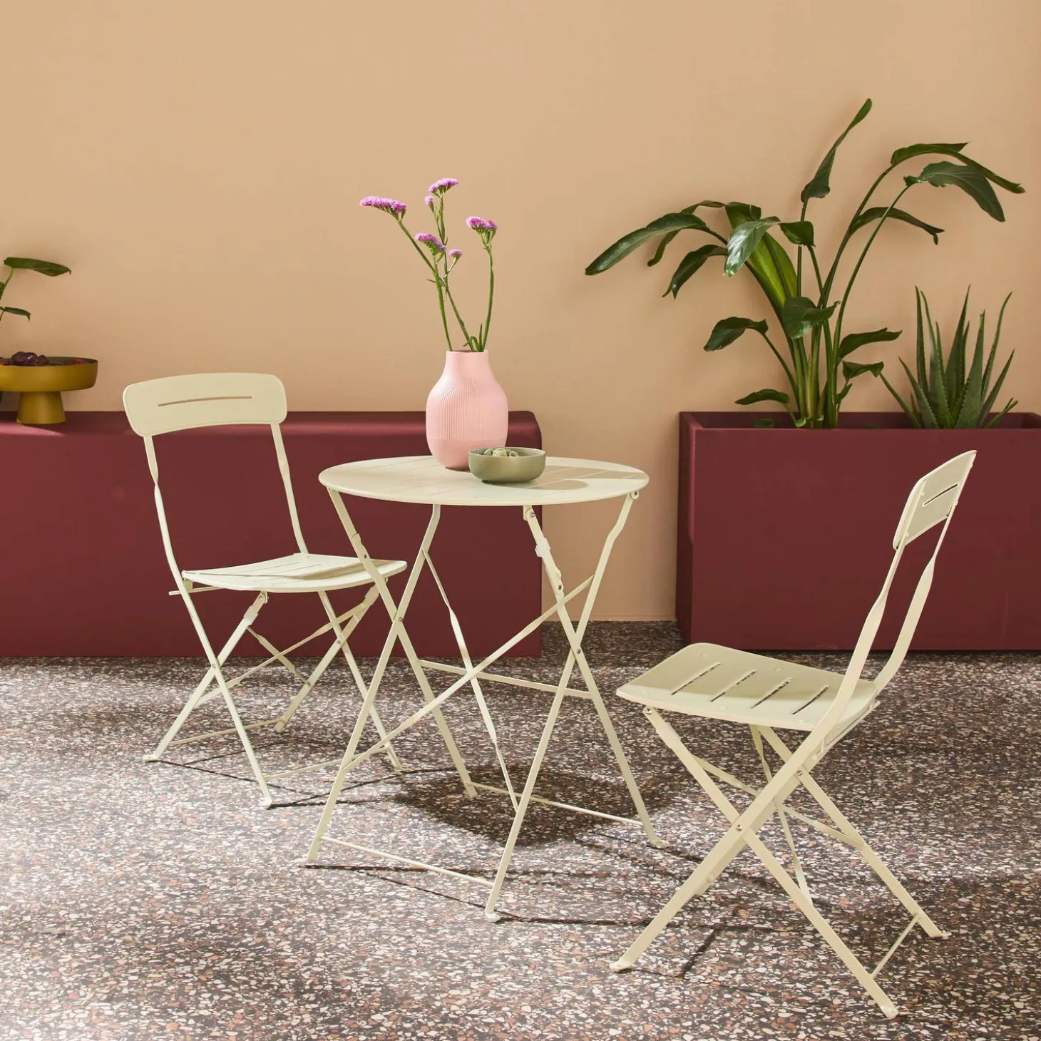 Set de jardín bistró plegable de mesa redonda de acero con 2 sillas