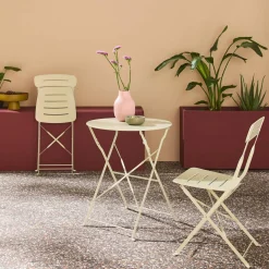 Set de jardín bistró plegable de mesa redonda de acero con 2 sillas