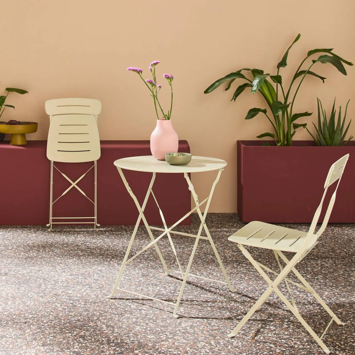Set de jardín bistró plegable de mesa redonda de acero con 2 sillas