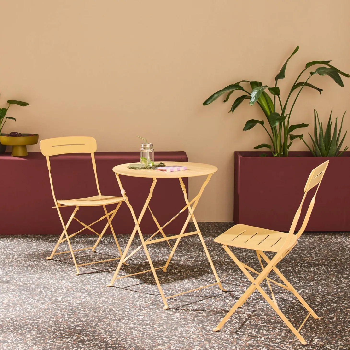 Set de jardín bistró plegable de mesa redonda de acero con 2 sillas