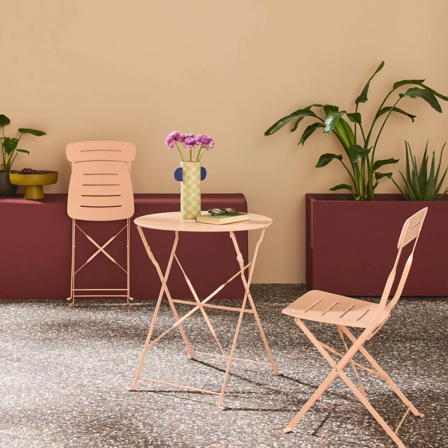 Set de jardín bistró plegable de mesa redonda de acero con 2 sillas