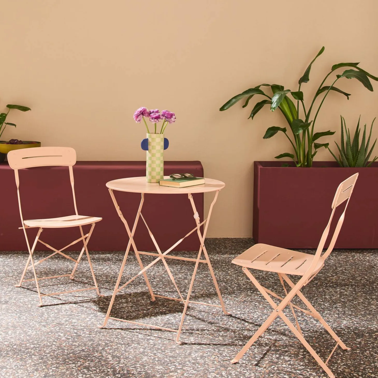 Set de jardín bistró plegable de mesa redonda de acero con 2 sillas