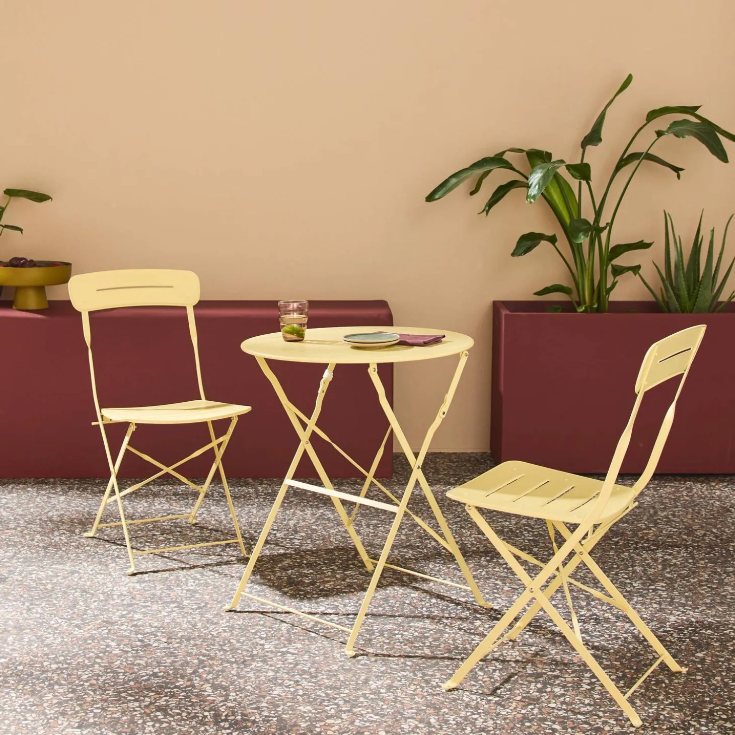 Set de jardín bistró plegable de mesa redonda de acero con 2 sillas