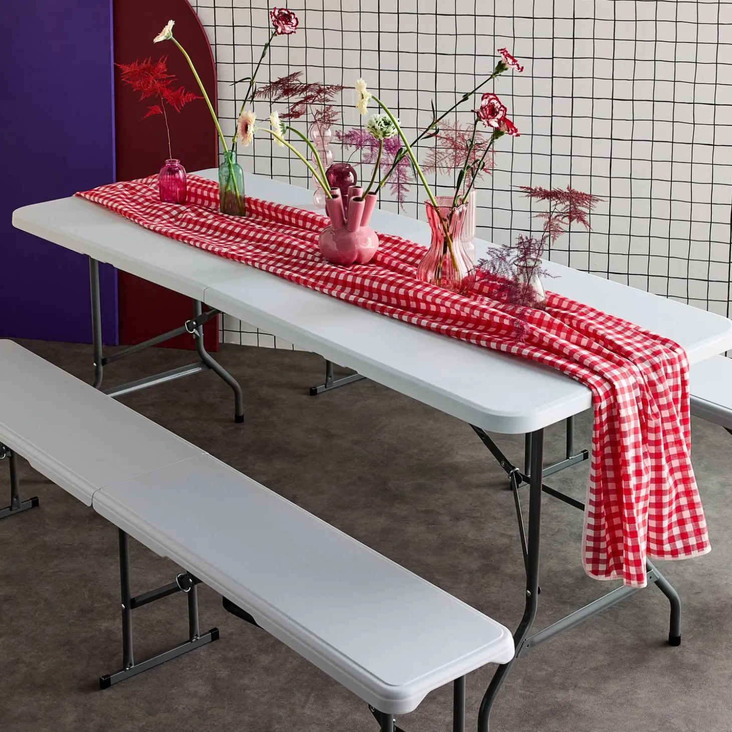 Set de mesa y bancos plegables portátiles para eventos