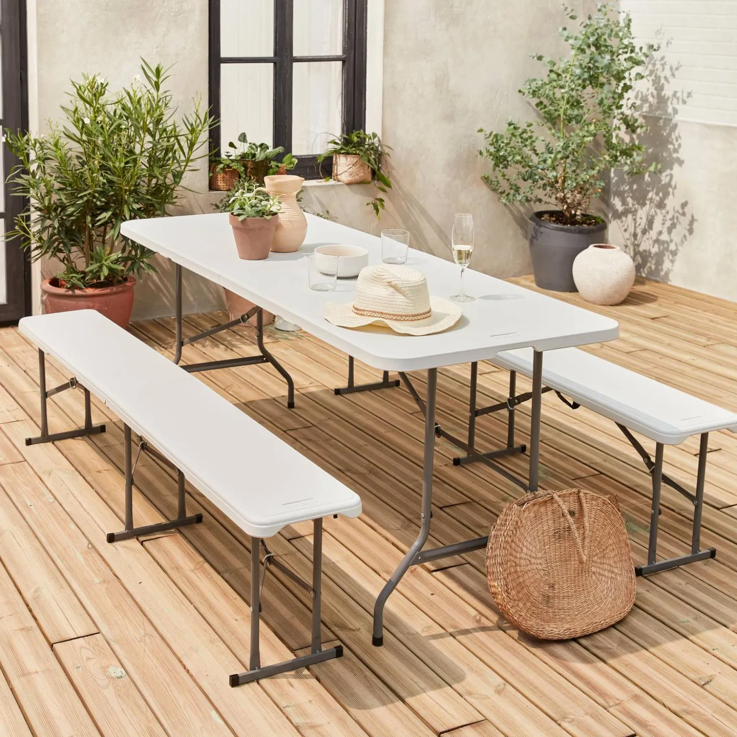 Set de mesa y bancos plegables portátiles para eventos
