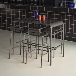 Set mesa alta de jardín tipo bistró de acero con 4 sillas altas de acero, 120cm