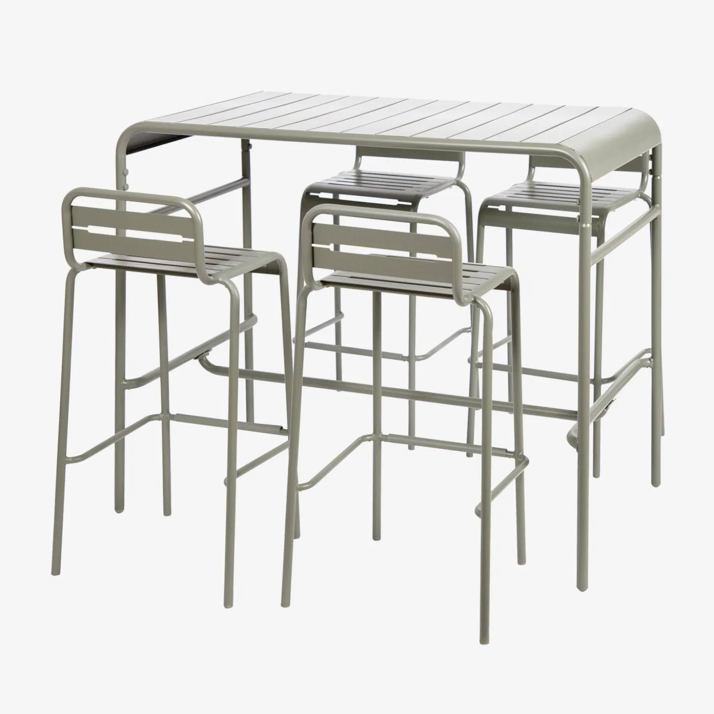 Set mesa alta de jardín tipo bistró de acero con 4 sillas altas de acero, 120cm