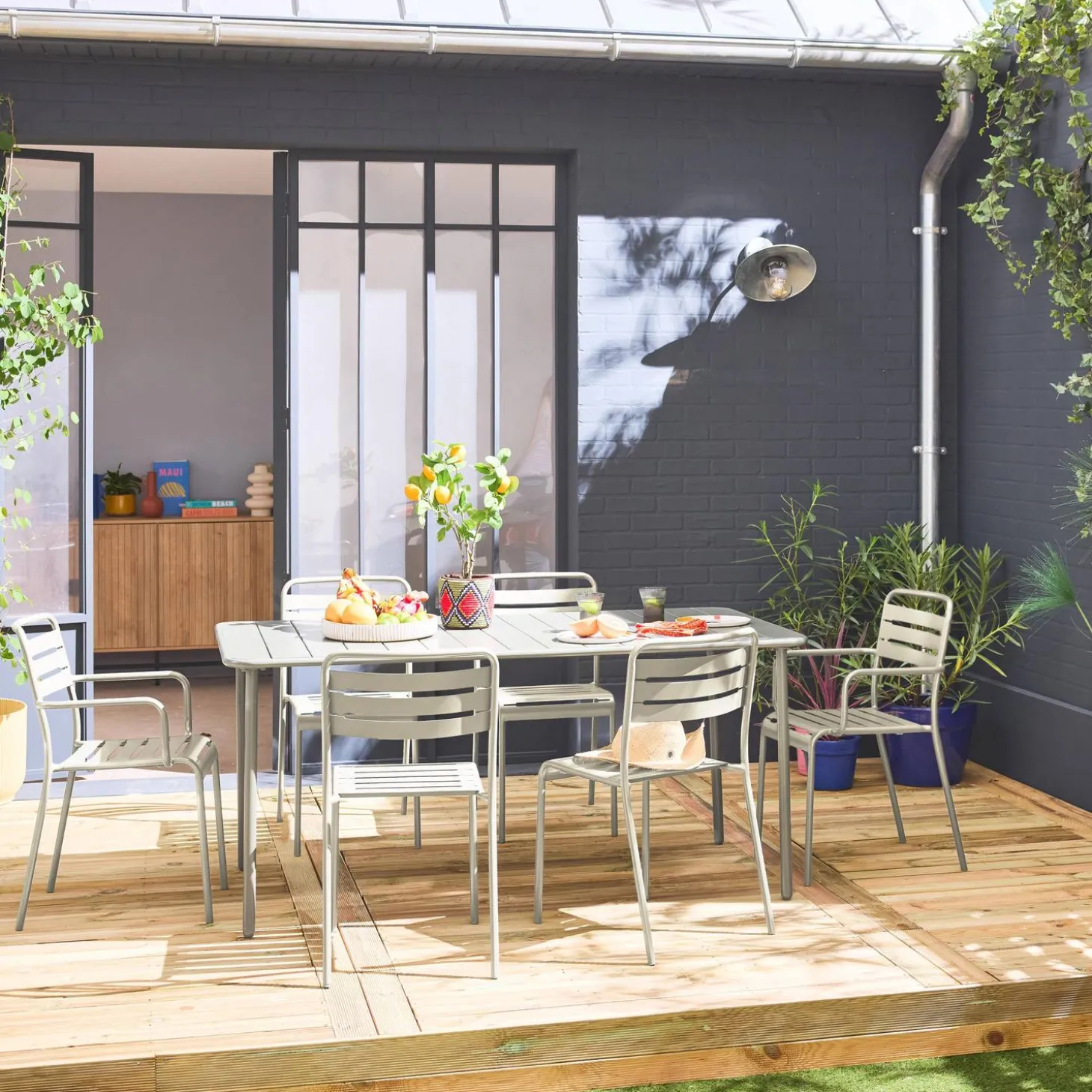 Set mesa de jardín bistró de acero con 2 sillones y 4 sillas, 160cm