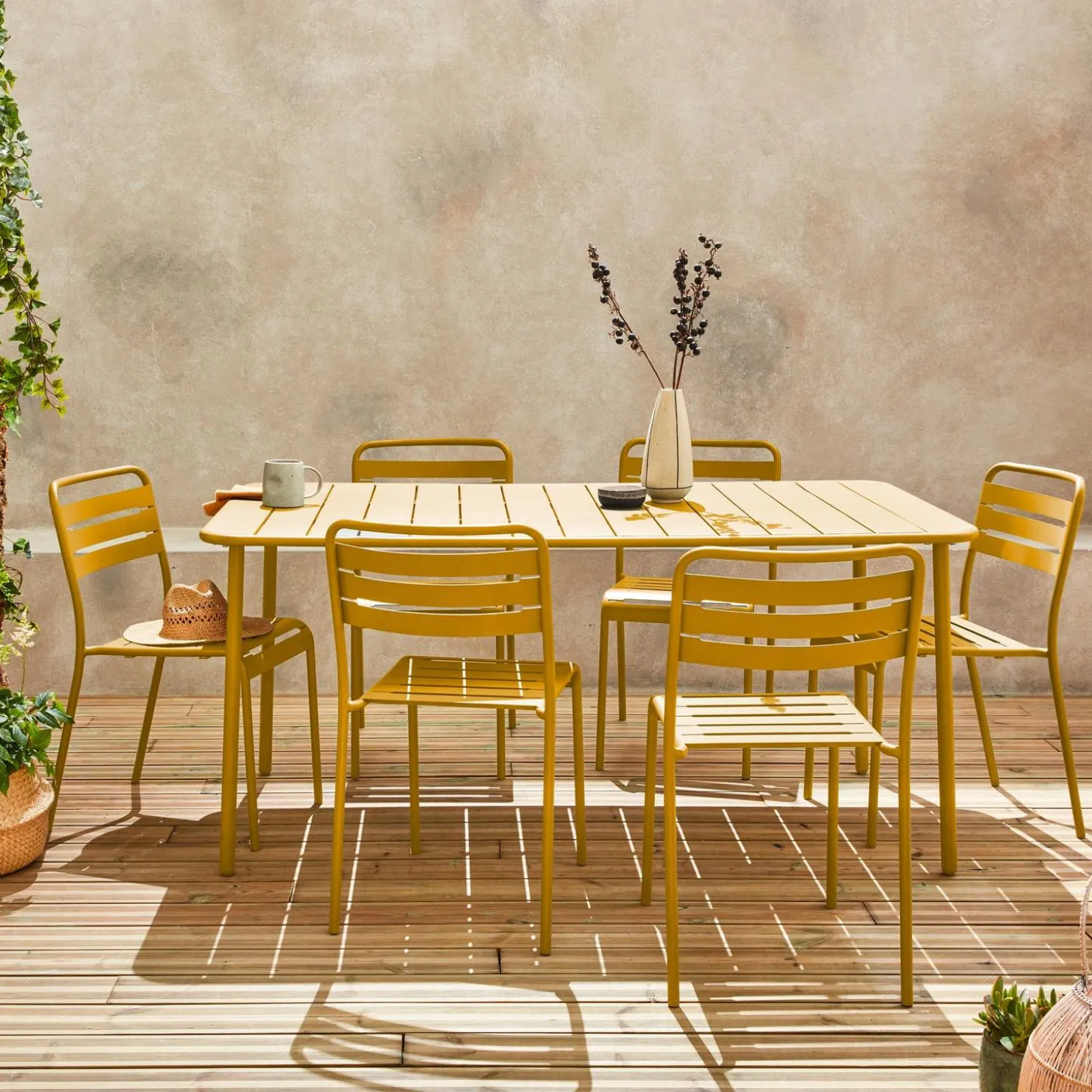 Set mesa de jardín bistró de acero con 6 sillas, 160cm