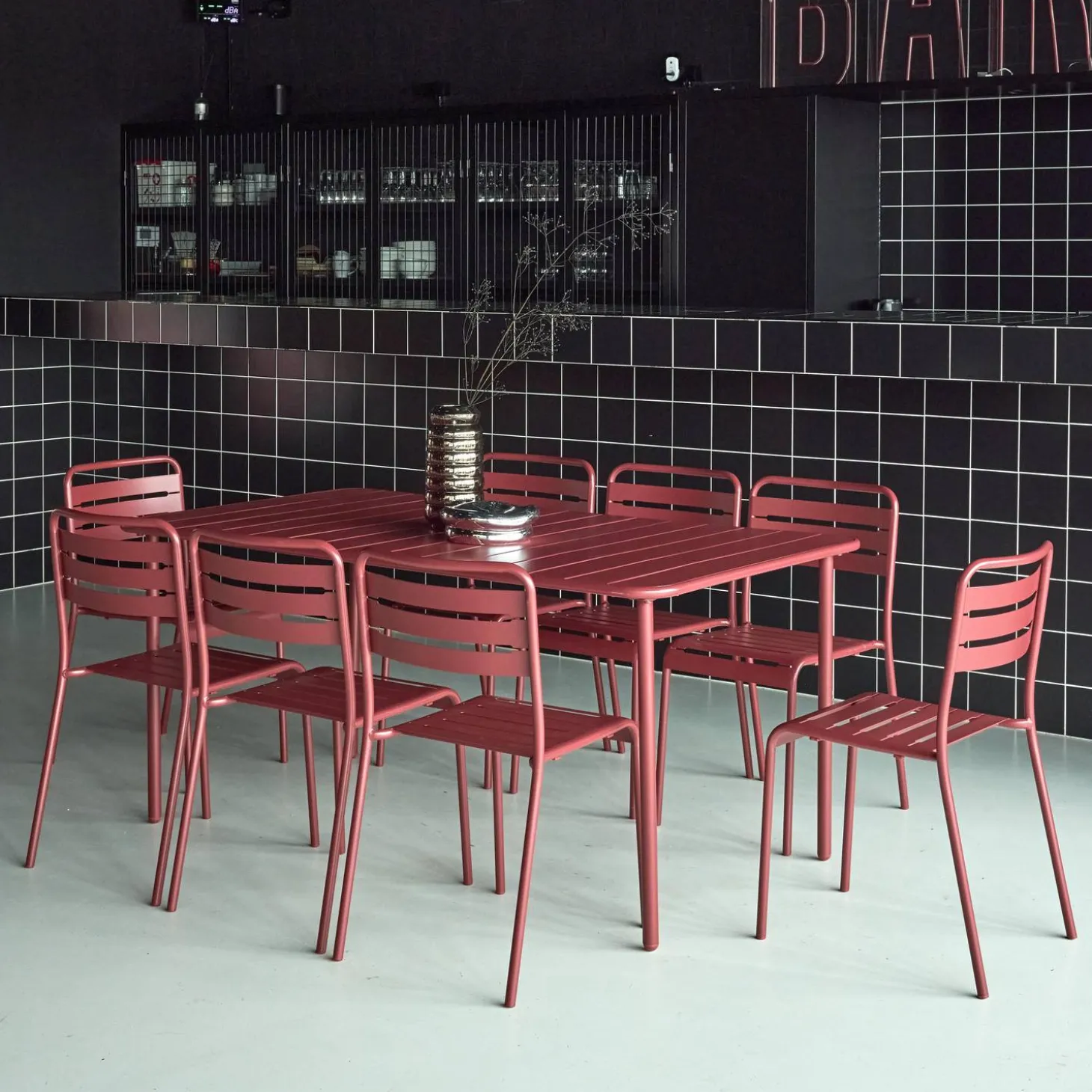 Set mesa de jardín bistró de acero con 8 sillas, 160cm