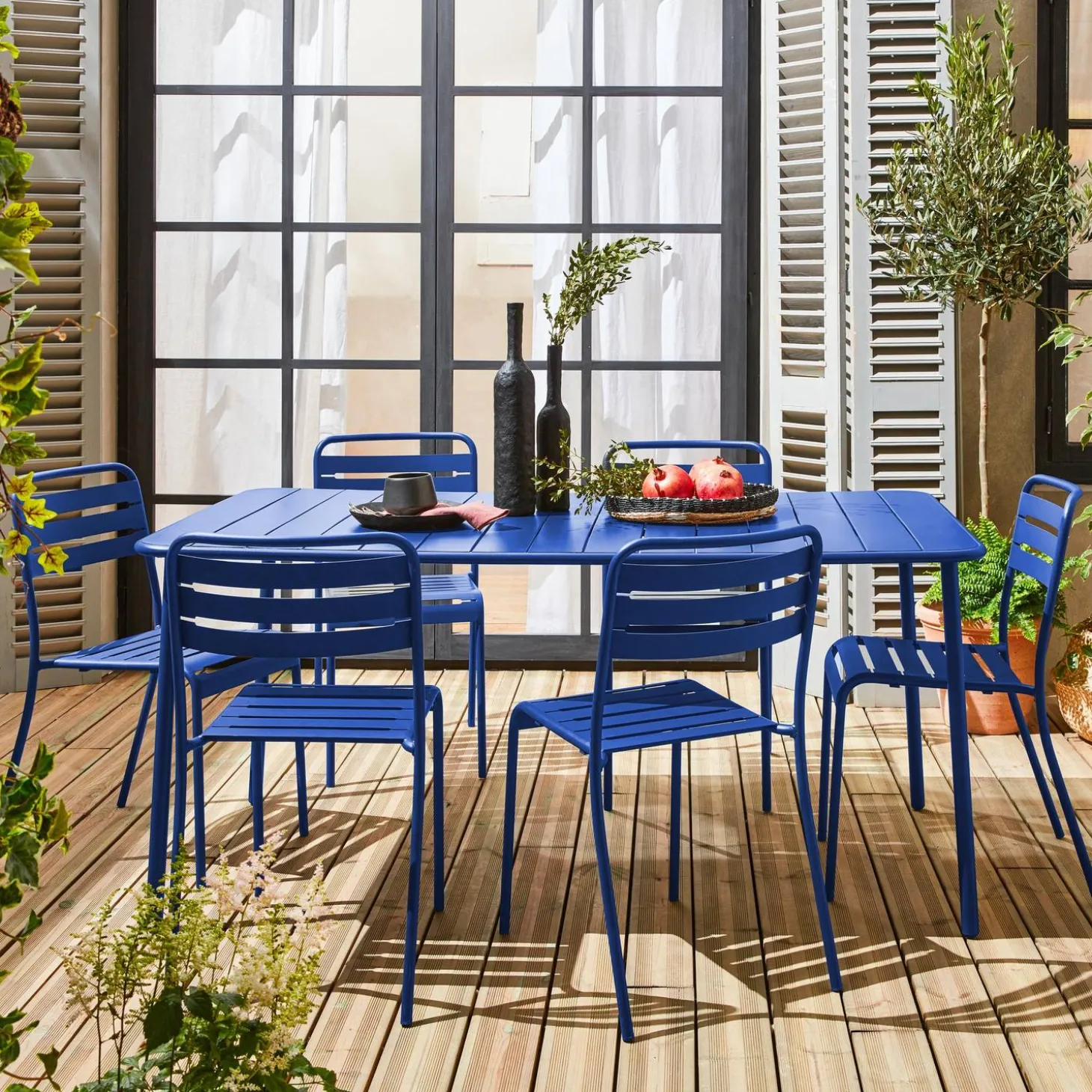 Set mesa de jardín bistró de acero con 6 sillas, 160cm