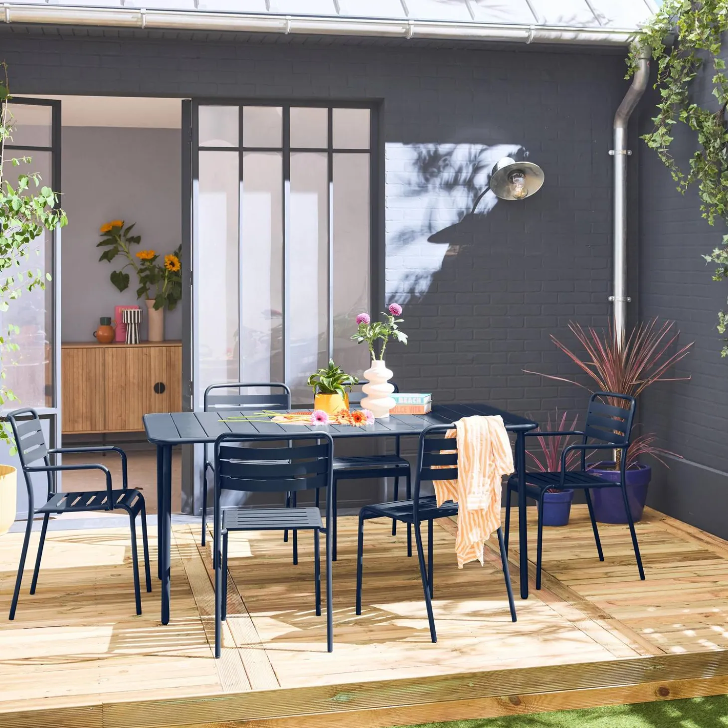 Set mesa de jardín bistró de acero con 2 sillones y 4 sillas, 160cm