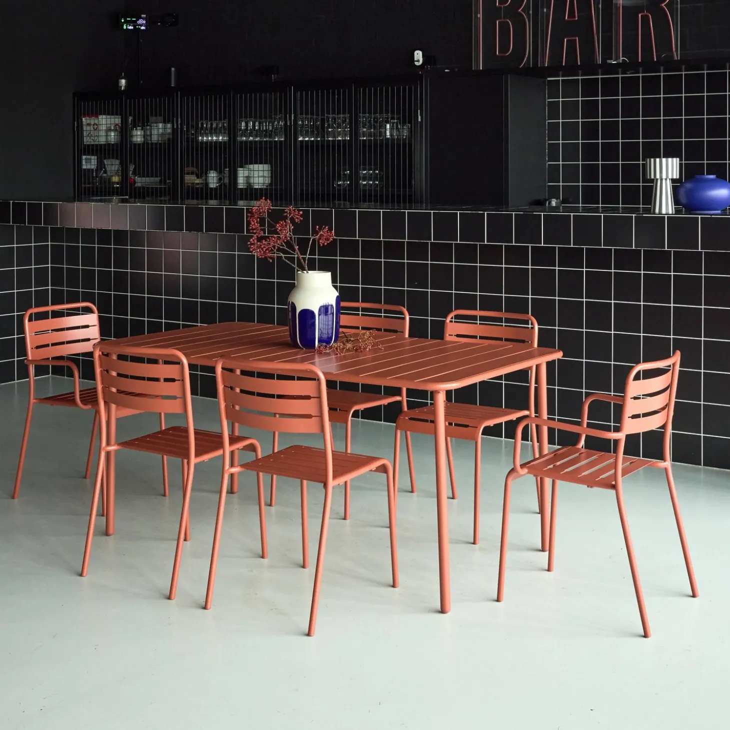 Set mesa de jardín bistró de acero con 2 sillones y 4 sillas, 160cm