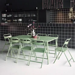 Set mesa de jardín bistró de acero con 8 sillas plegables, 160cm