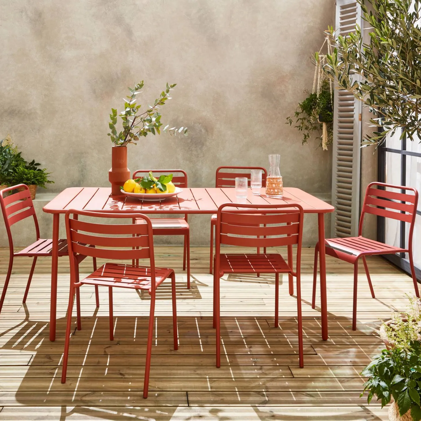 Set mesa de jardín bistró de acero con 6 sillas, 160cm