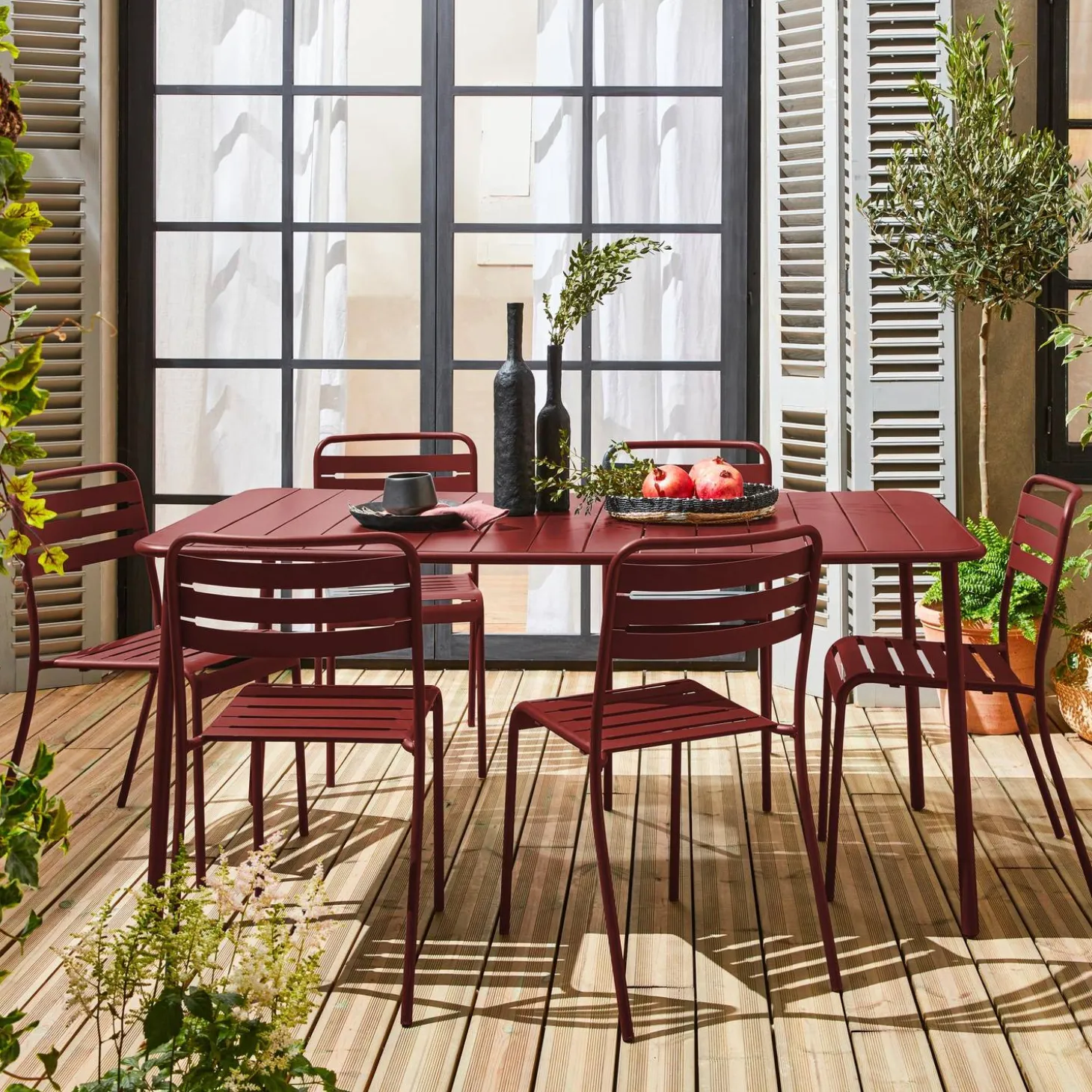 Set mesa de jardín bistró de acero con 6 sillas, 160cm