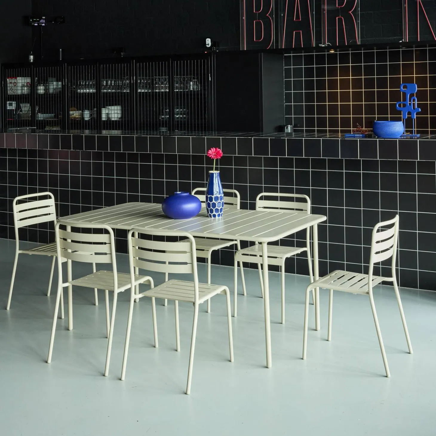 Set mesa de jardín bistró de acero con 6 sillas, 160cm