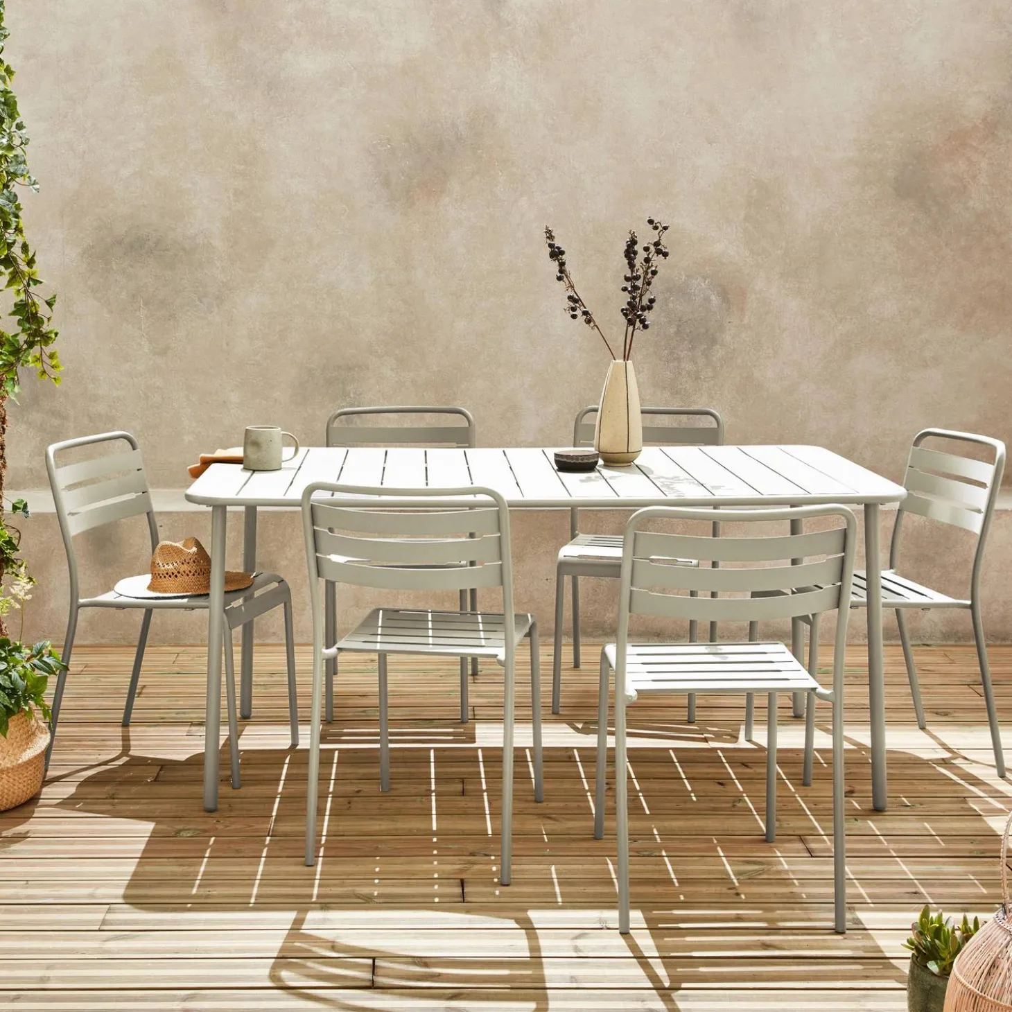 Set mesa de jardín bistró de acero con 6 sillas, 160cm