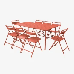 Set mesa de jardín bistró de acero con 8 sillas plegables, 160cm