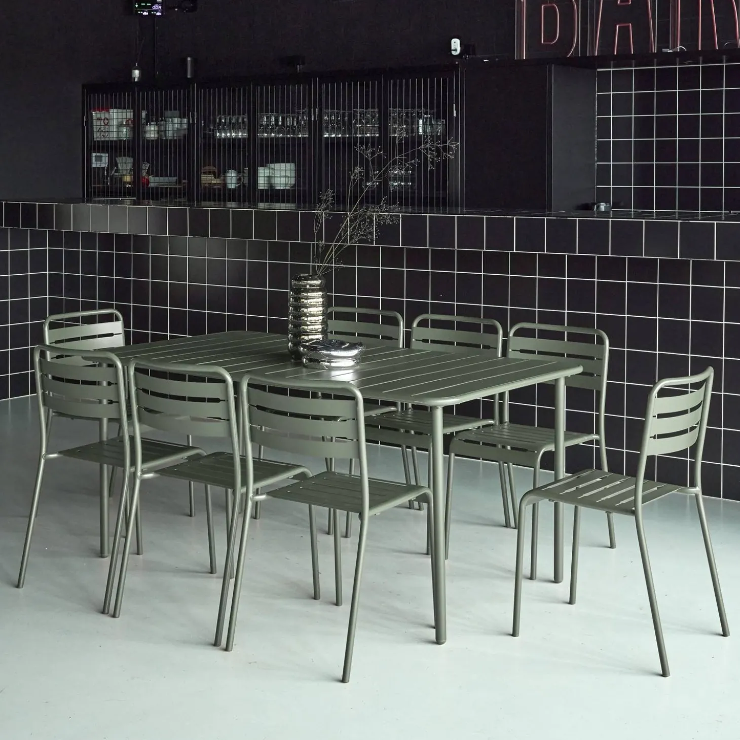 Set mesa de jardín bistró de acero con 8 sillas, 160cm